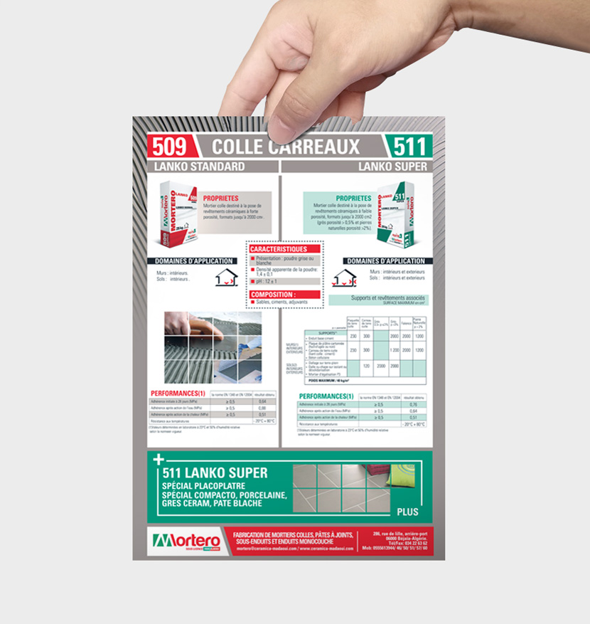 Sarl MORTERO spécialisée dans la fabrication de mortiers colles et pates à joints, a confié la création et impression de tous les supports Print 3